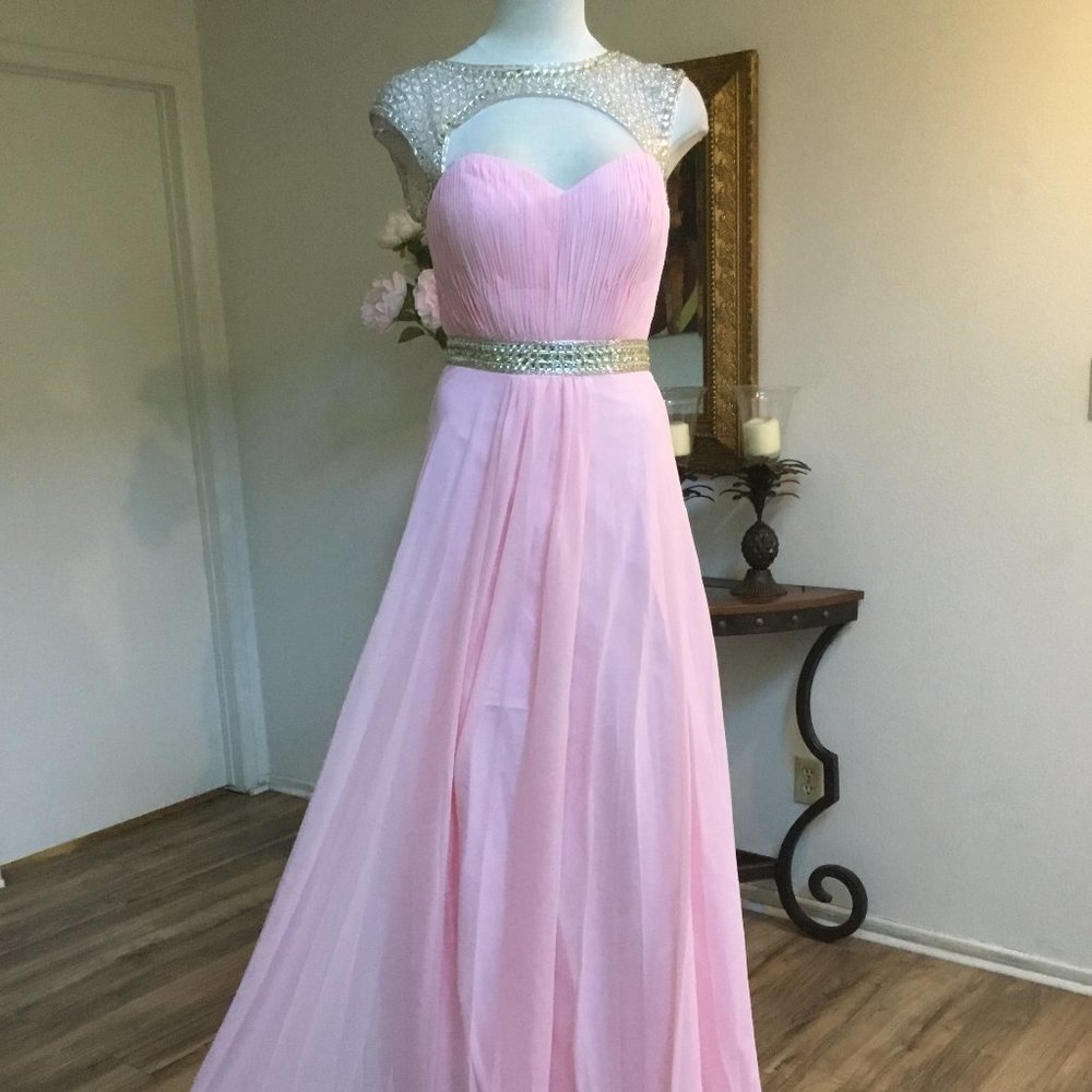 POLY U.S.A .Embellished Stones Maxi Dress Sleeveless Cut out Double Pink  M